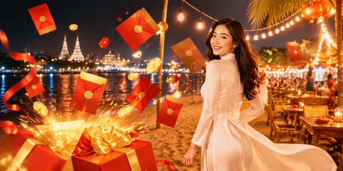 Người phụ nữ mặc áo dài tại vùng Mekong nhận phong bì đỏ may mắn trong dịp lễ