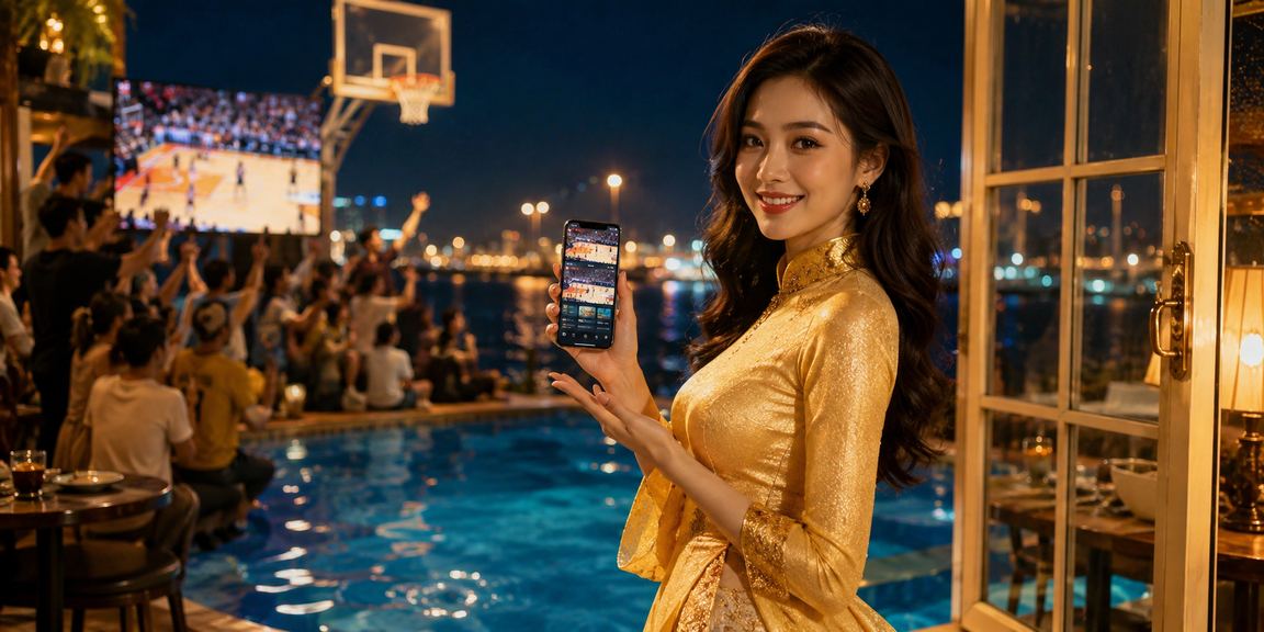 Người phụ nữ mặc áo dài tại Vũng Tàu theo dõi kết quả cá cược bóng rổ trực tuyến trên điện thoại